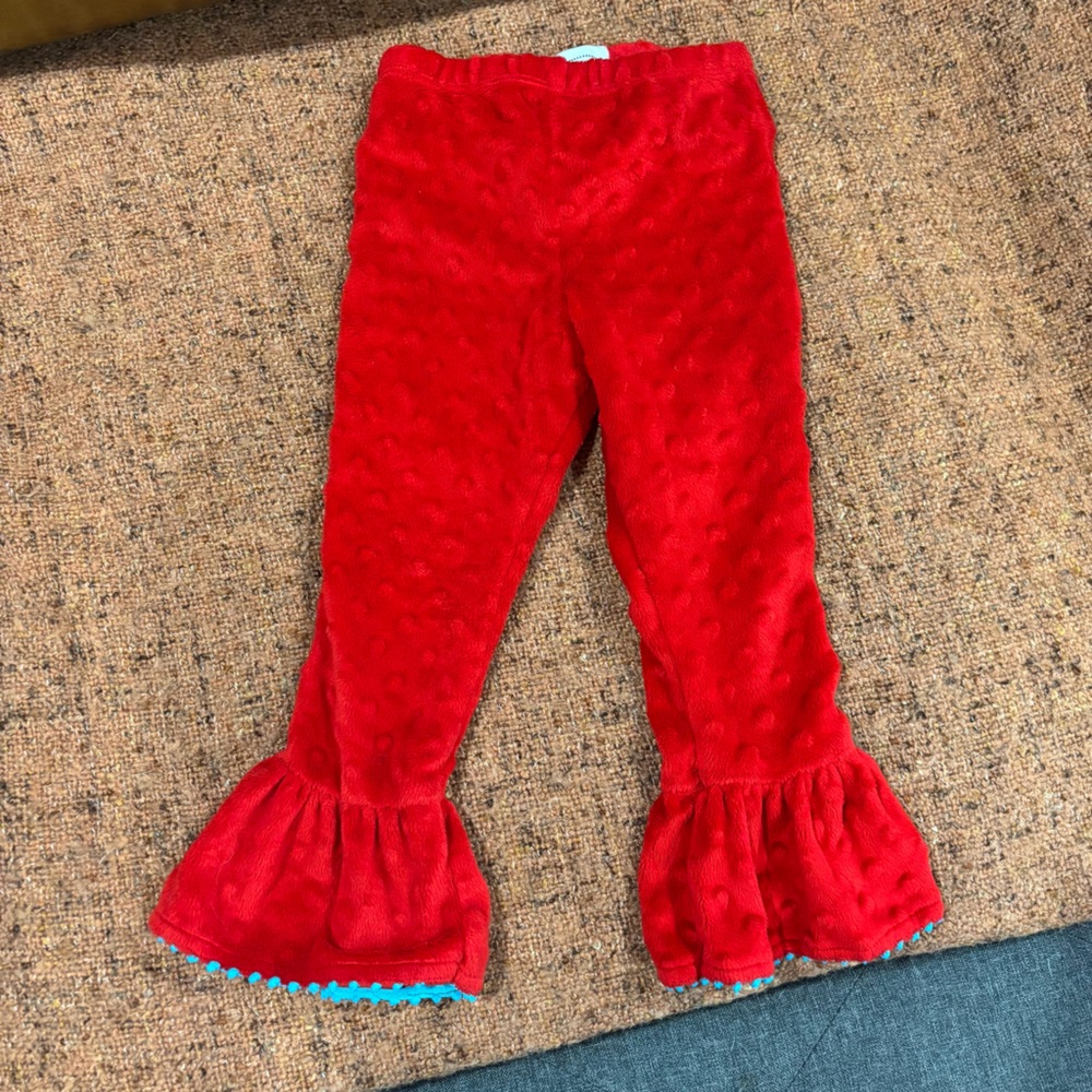 Minky MudPie Red Ruffled bell bottoms with blue trim